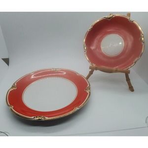 German Vintage Mitterteich Bavaria Red Gilt Gold Saucer Dessert and Plate -